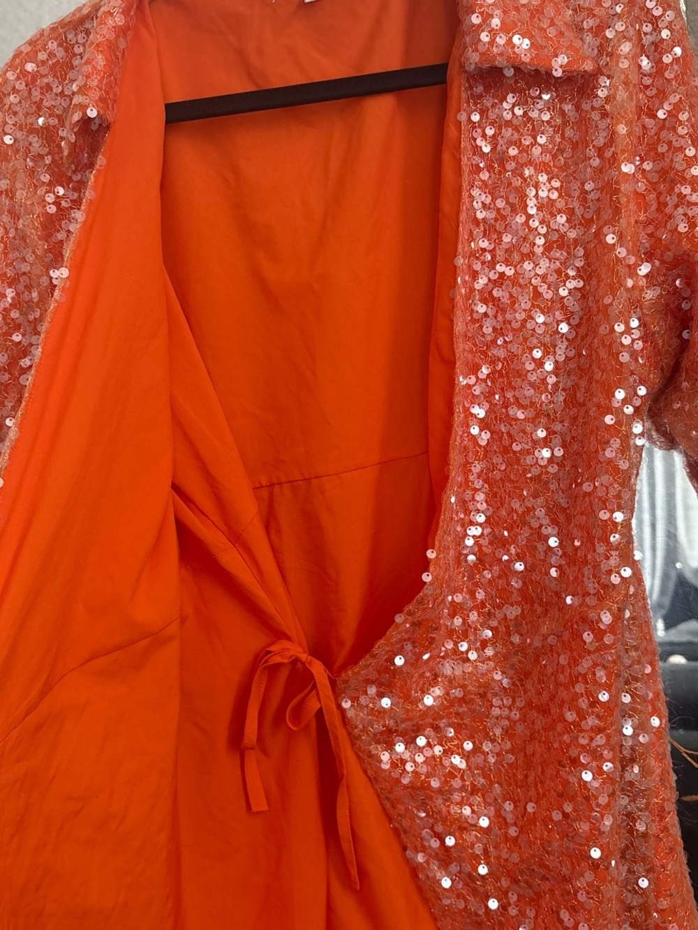 AMYLYN Orange Sequin Wrap Jacket with Feather Cuffs - Picture 5 of 6
